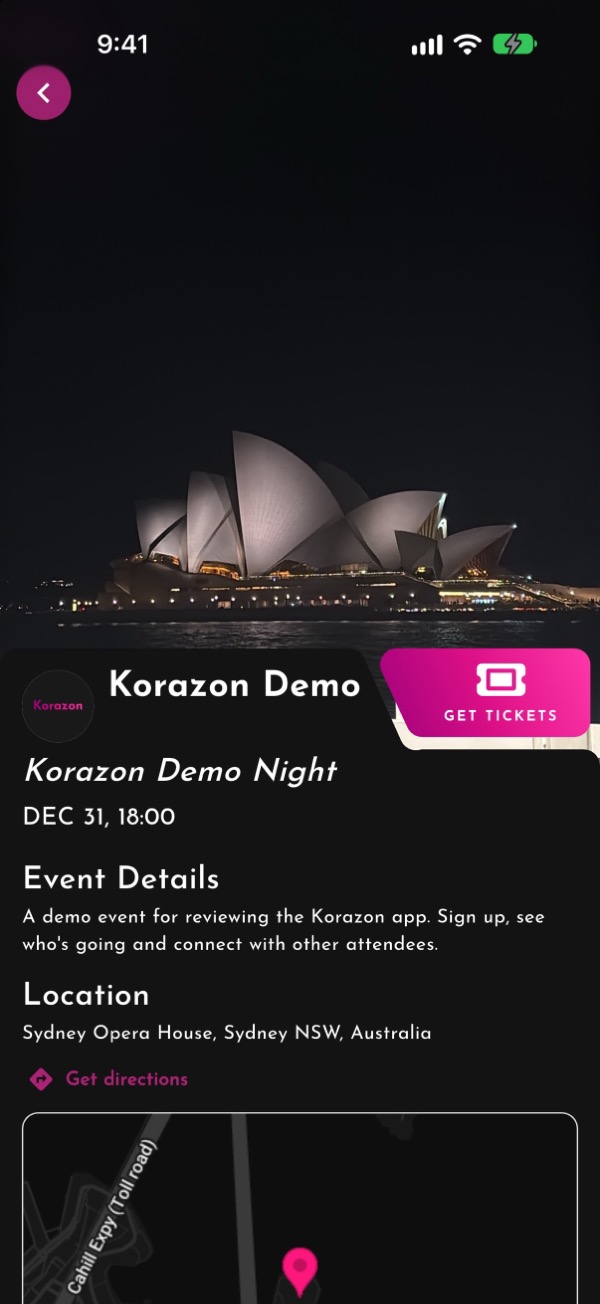 Korazon event page showing the event details and a Get Tickets button