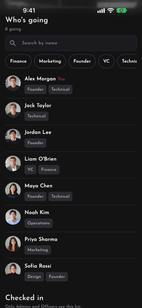 Korazon Who's going list of attendees with their tags, plus search and tag filters